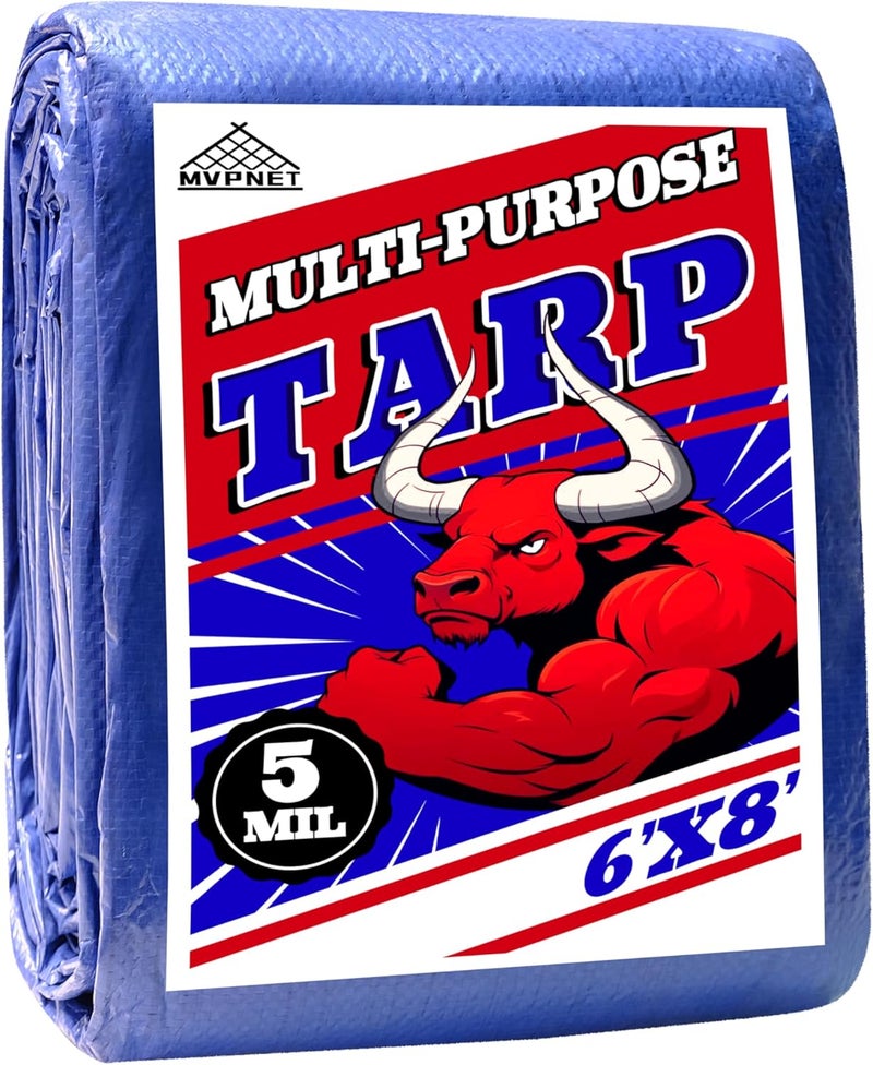 MVPNET Tarp 6x8 ft 100% Waterproof Uv Resistant High Durability Multipurpose 5mil Blue Tarp for Covering Courtyards, Cars, Camping, Gardens, Pet Nests -by - Image 1